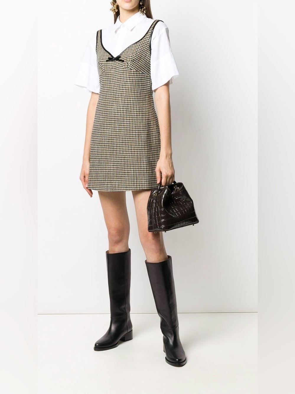 Alexa Chung Edwige Houndstooth Tweed Mini Dress Women’s Size 10 Patent Trim Bow - Picture 3 of 13